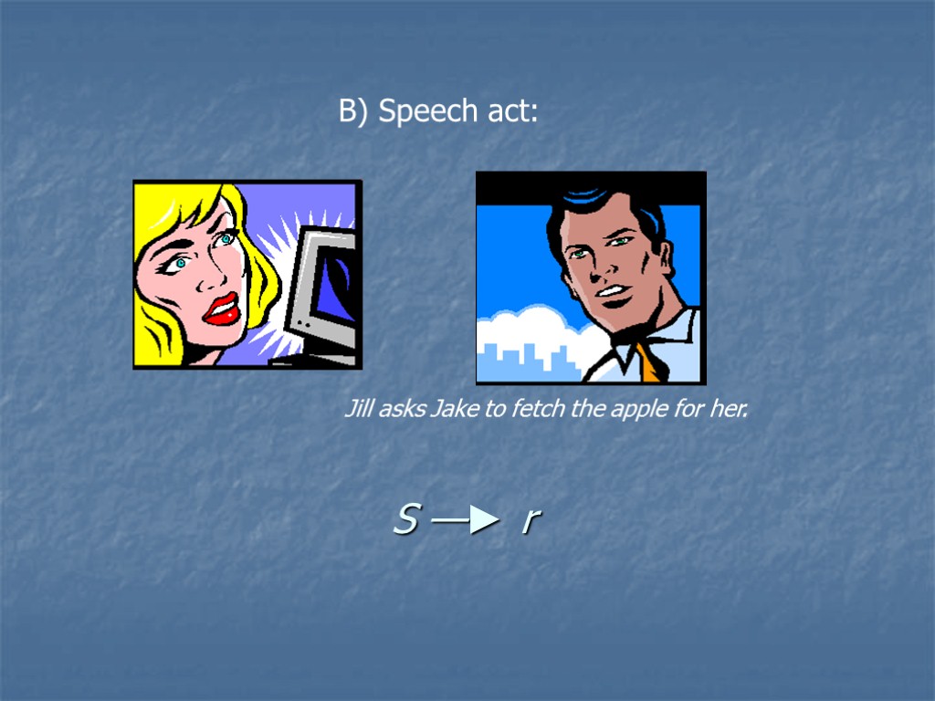 B) Speech act: Jill asks Jake to fetch the apple for her. S —►